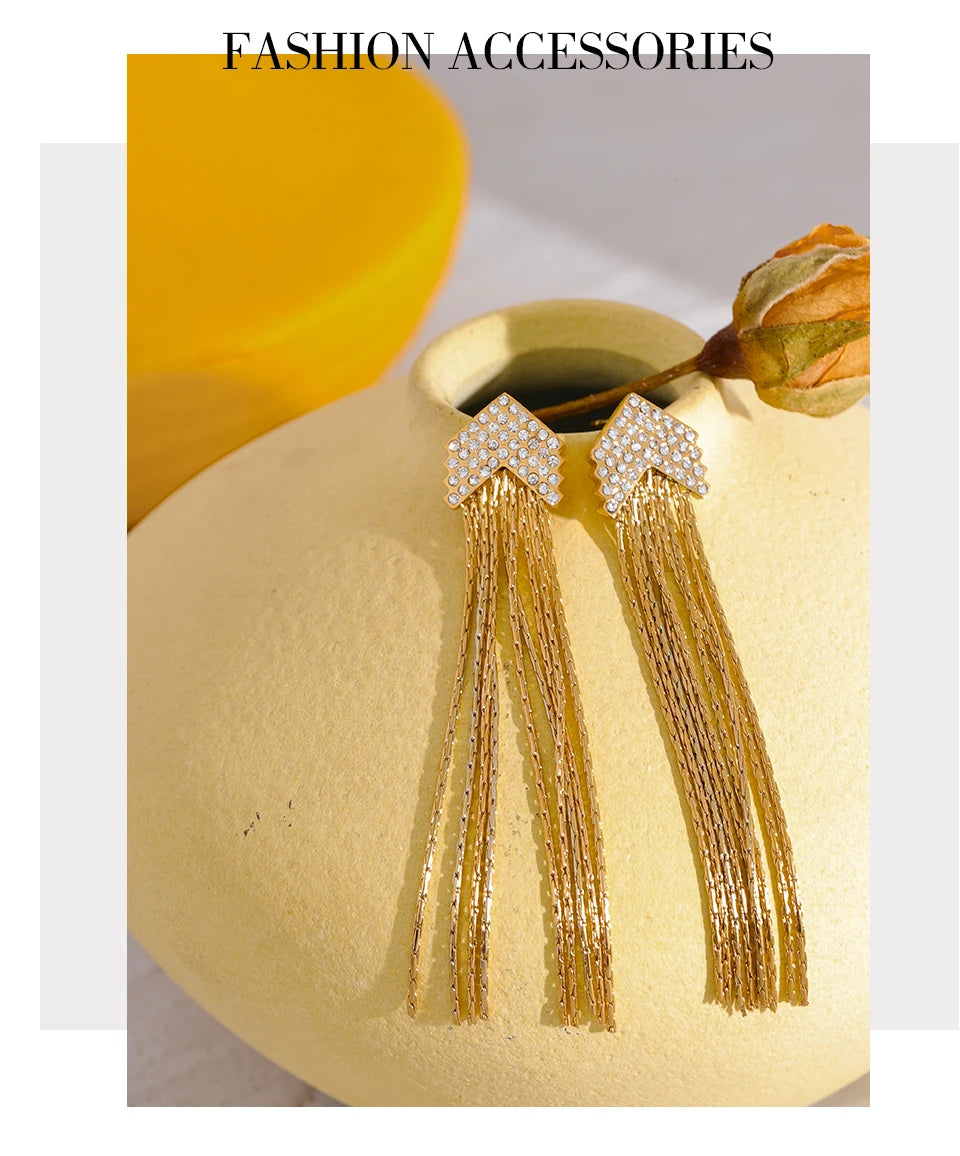 Elysium Fashion Arrow Cubic Zirconia Stainless Steel Long Tassel Drop Dangle Earrings for Women Gold Color Party Trendy Jewelry