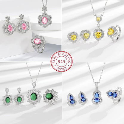 925 Sterling Silver Jewelry Sets For Women Heart Zircon Ring Earrings Necklace Wedding Bridal Elegant Christmas