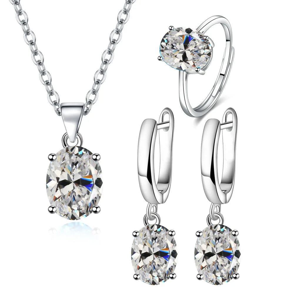 925 Silver Jewelry Sets Elegant Women's Ring Earrings Necklace Wedding Bridal Engagement Accessories