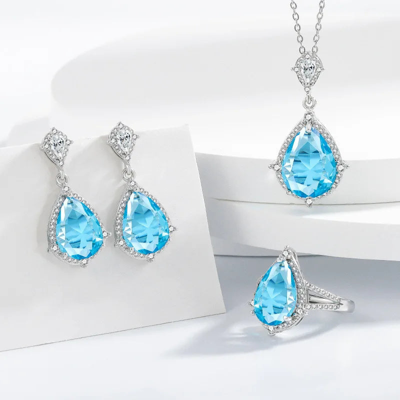 925 Sterling Silver Elegant Jewelry Sets Ring Earrings Necklace For Women Rectangle Geometry Zircon Wedding Accessories