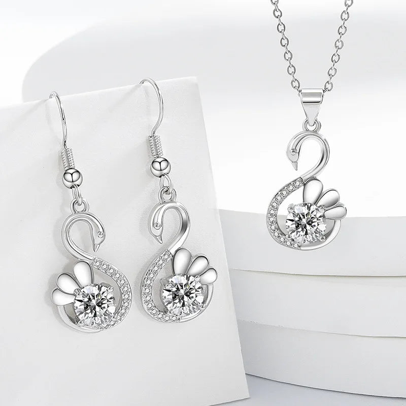 New Fashion Women Pendants Necklace Simple Geometry Square Earrings Crystal 925 Sterling Silver Color Jewelry Sets for Wedding