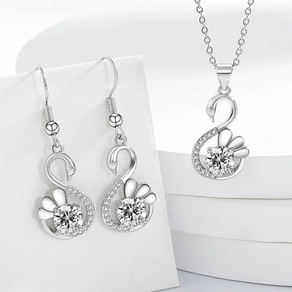 New Fashion Women Pendants Necklace Simple Geometry Square Earrings Crystal 925 Sterling Silver Color Jewelry Sets for Wedding