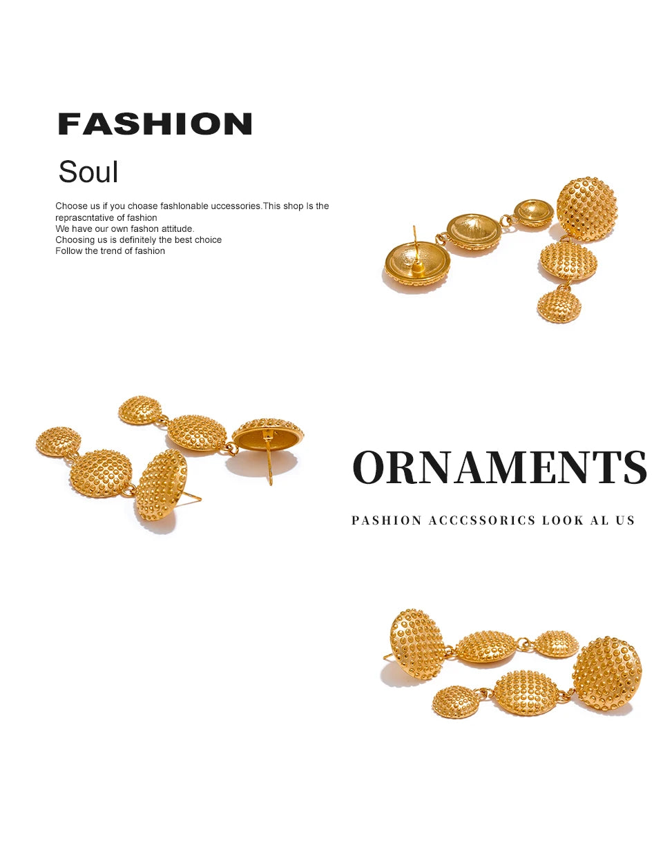 Elysium Distinctive Stainless Steel Round Long Drop Dangle Earrings Water Resistant Metal Gold Color Statement Fashion Jewelry