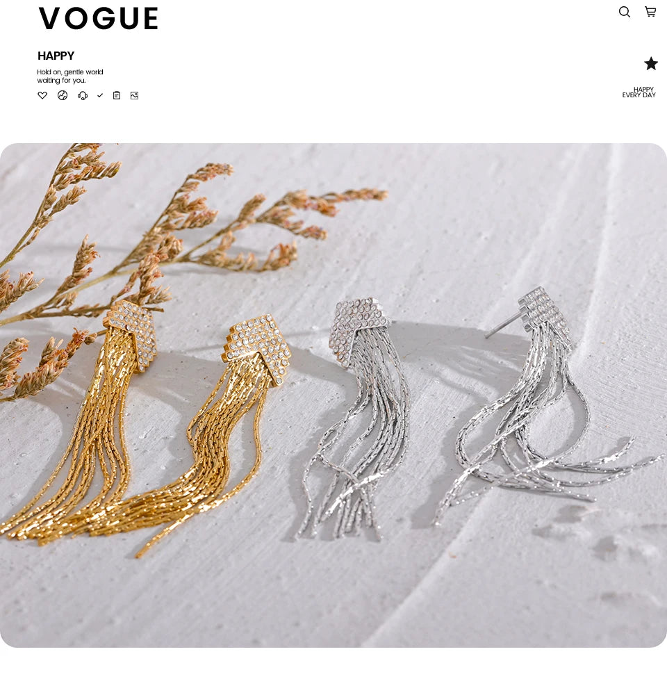 Elysium Fashion Arrow Cubic Zirconia Stainless Steel Long Tassel Drop Dangle Earrings for Women Gold Color Party Trendy Jewelry