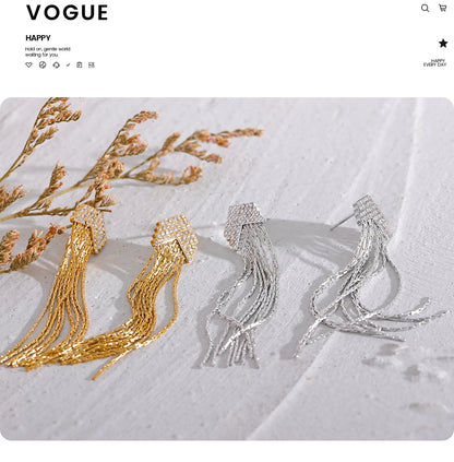 Elysium Fashion Arrow Cubic Zirconia Stainless Steel Long Tassel Drop Dangle Earrings for Women Gold Color Party Trendy Jewelry