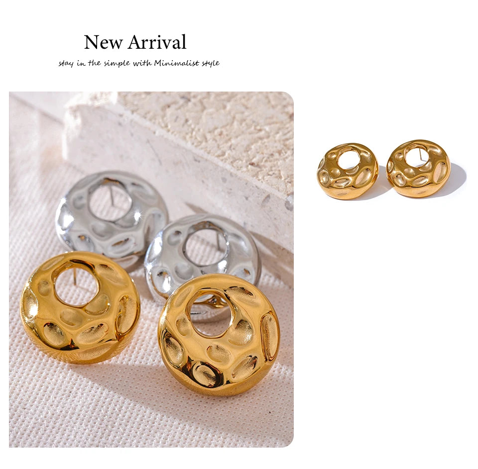 Elysium  New Hammer Stainless Steel Metal Round Hollow Stud Earrings for Women Individualistic Versatile Jewelry Waterproof Gift