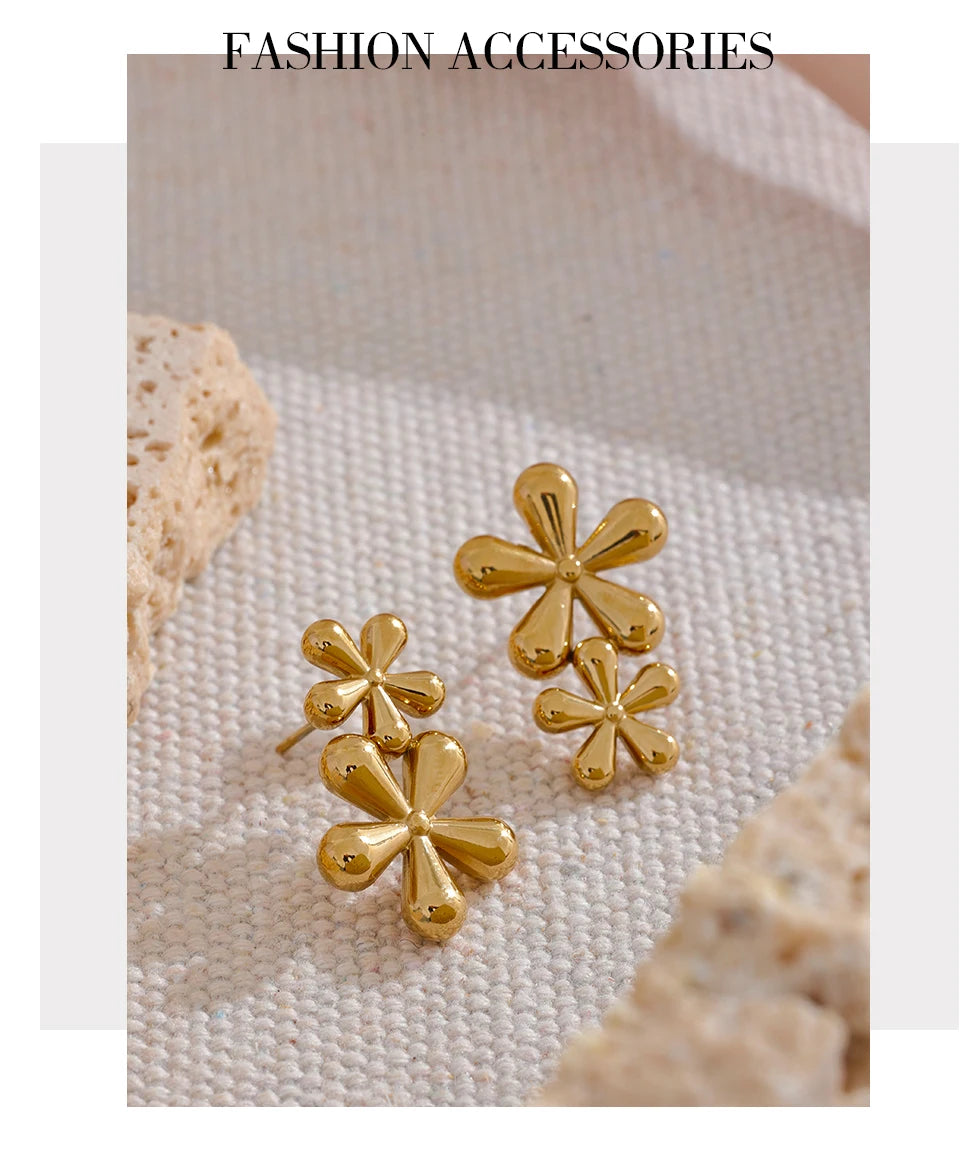 Elysium 316L Stainless Steel Flower Stud Earrings Fashion Metal 18K Gold Color Plated Rust Proof Texture Charm Jewelry for Women