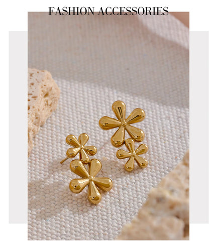 Elysium 316L Stainless Steel Flower Stud Earrings Fashion Metal 18K Gold Color Plated Rust Proof Texture Charm Jewelry for Women