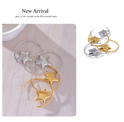 Elysium Trendy Stainless Steel Round Sleek Star Huggie Earrings for Women Prevent Allergy Metal Temperament Fashion Jewelry Gift