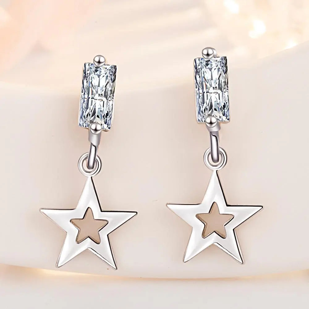 925 Silver Women Hoop Earrings Fashion Pendientes Gift For Female Girl Sparkling Pave CZ U Heart Shape Star Moon