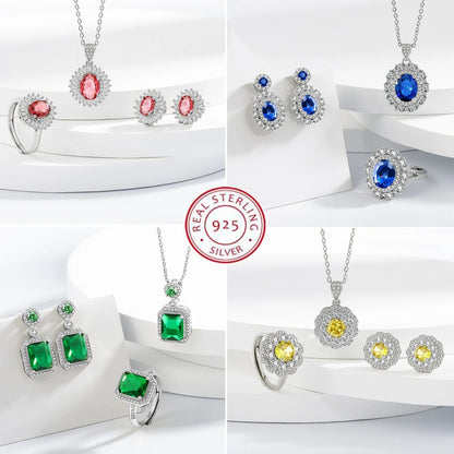 925 Sterling Silver Elegant Jewelry Sets Ring Earrings Necklace For Women Rectangle Geometry Zircon Wedding Accessories