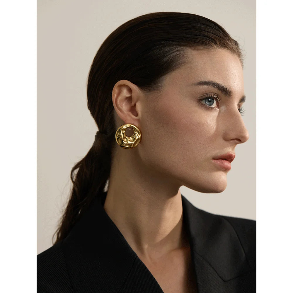 Elysium  New Hammer Stainless Steel Metal Round Hollow Stud Earrings for Women Individualistic Versatile Jewelry Waterproof Gift