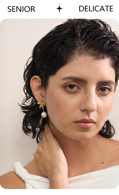 Elysium Waterproof Flower Imitation Pearls Drop Earrings for Women New Stainless Steel Korean Elegant Fashion Jewelry Accessories