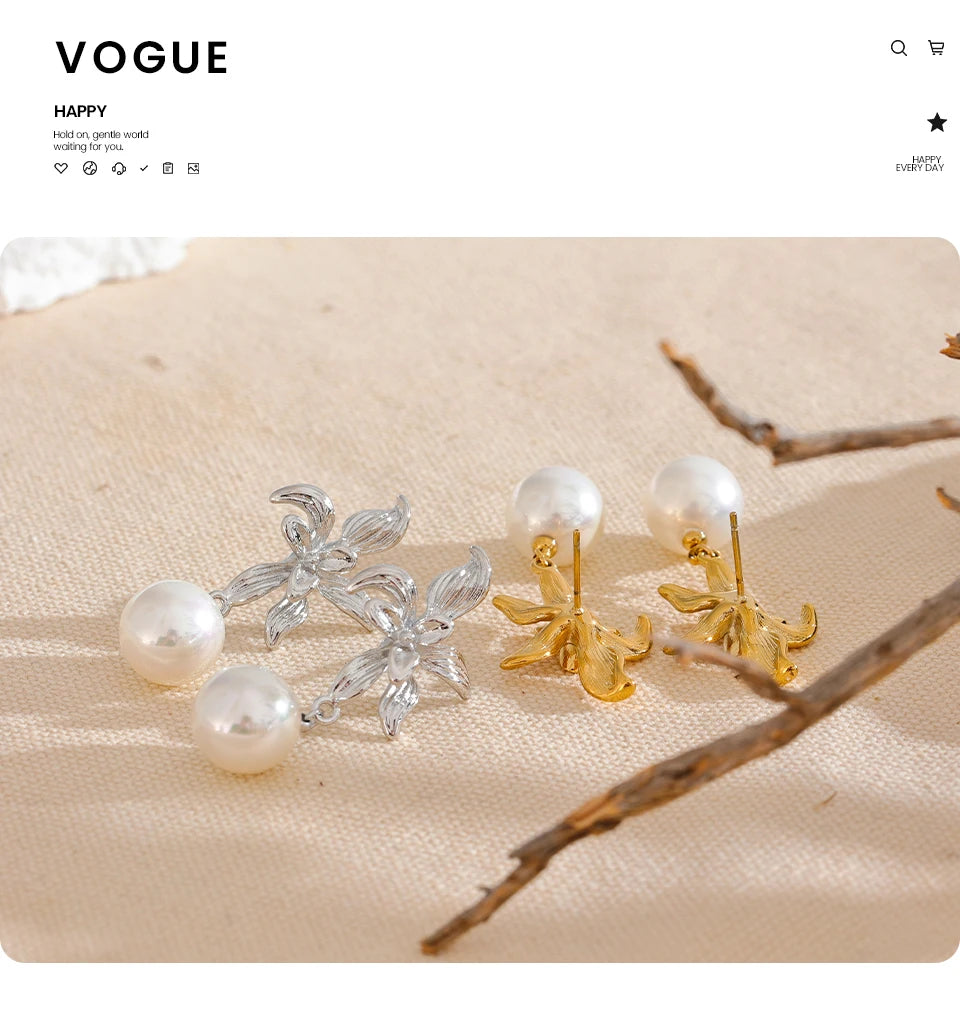Elysium Waterproof Flower Imitation Pearls Drop Earrings for Women New Stainless Steel Korean Elegant Fashion Jewelry Accessories