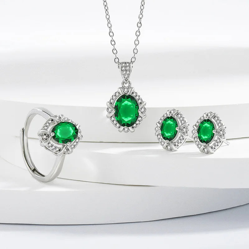 925 Sterling Silver Elegant Jewelry Sets Ring Earrings Necklace For Women Rectangle Geometry Zircon Wedding Accessories