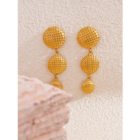 Elysium Distinctive Stainless Steel Round Long Drop Dangle Earrings Water Resistant Metal Gold Color Statement Fashion Jewelry