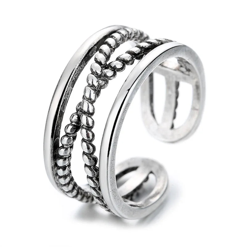 925 Sterling Silver Geometric Multilayer Round Bead Ring Female Fashion Punk Temperament Prevent Allergy Charm Jewelry