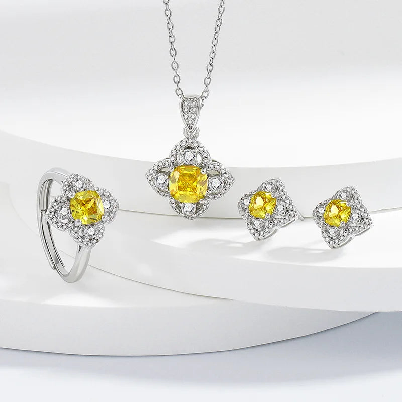 925 Sterling Silver Elegant Jewelry Sets Ring Earrings Necklace For Women Rectangle Geometry Zircon Wedding Accessories