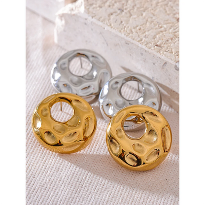 Elysium  New Hammer Stainless Steel Metal Round Hollow Stud Earrings for Women Individualistic Versatile Jewelry Waterproof Gift