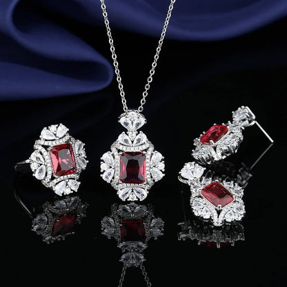 925 Sterling Silver Elegant Jewelry Sets Ring Earrings Necklace For Women Rectangle Geometry Zircon Wedding Accessories