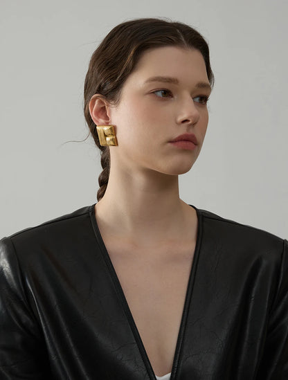 Elysium New Fashion 316L Stainless Steel Square Stud Earrings Charm Metal Texture 18K Gold Plated Waterproof Statement Jewelry