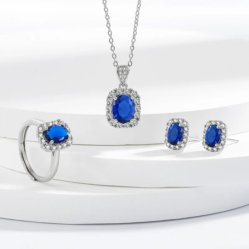 925 Sterling Silver Elegant Jewelry Sets Ring Earrings Necklace For Women Rectangle Geometry Zircon Wedding Accessories