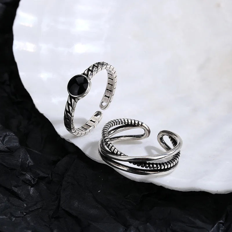 925 Sterling Silver Geometric Multilayer Round Bead Ring Female Fashion Punk Temperament Prevent Allergy Charm Jewelry