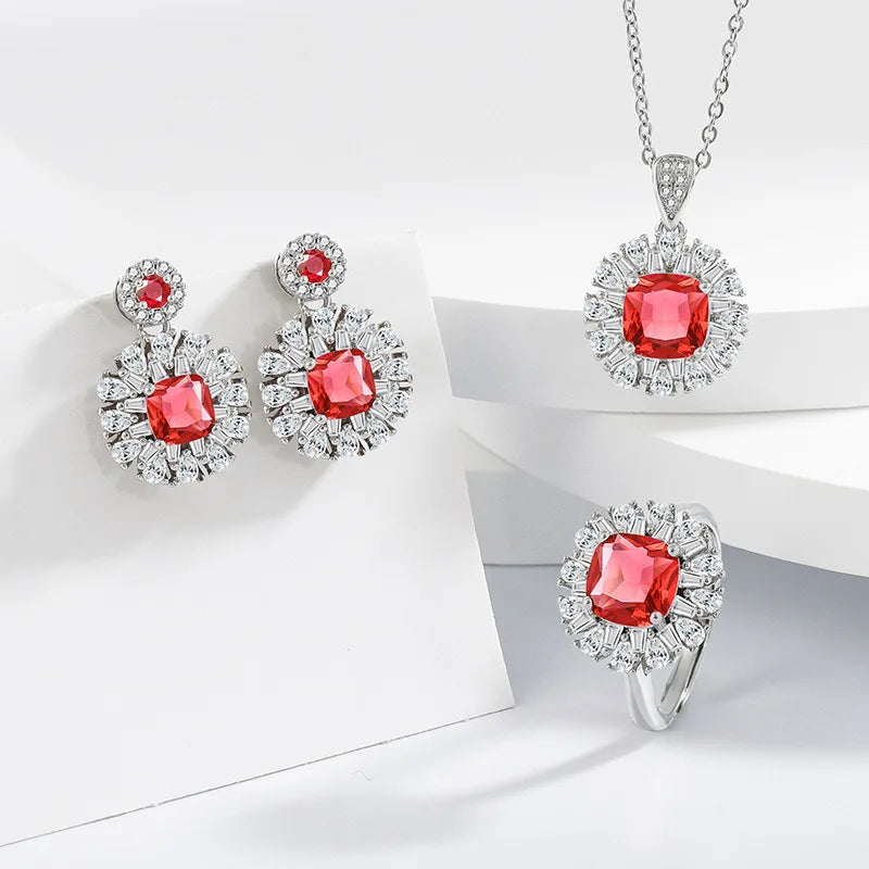 925 Sterling Silver Elegant Jewelry Sets Ring Earrings Necklace For Women Rectangle Geometry Zircon Wedding Accessories