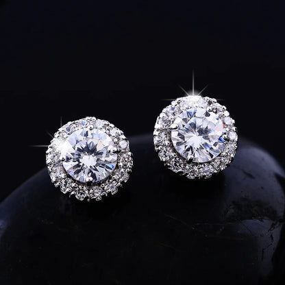 925 Sterling Silver Female Luxury Crystal Round Stud Earrings Vintage Wedding Jewelry White Zircon Stone Earrings For Women