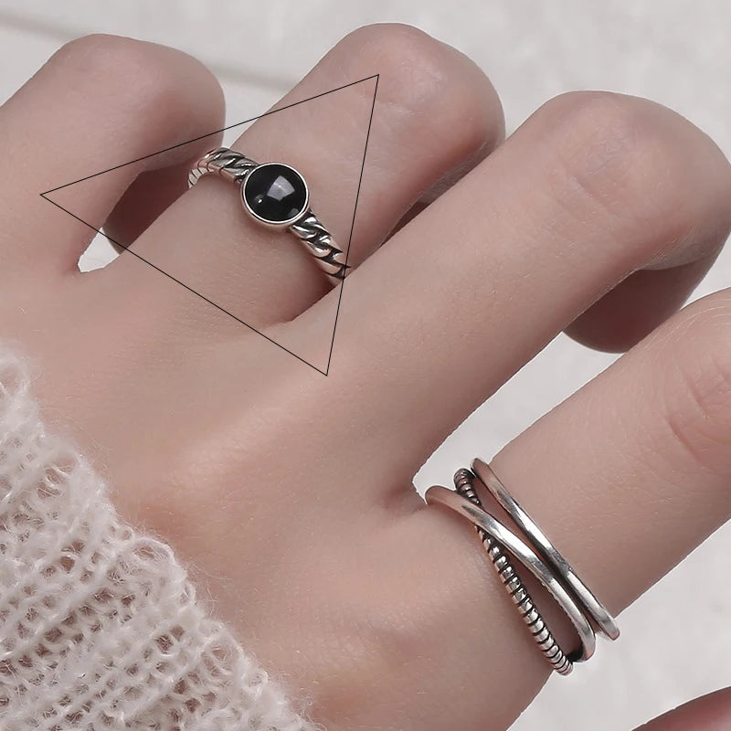 925 Sterling Silver Geometric Multilayer Round Bead Ring Female Fashion Punk Temperament Prevent Allergy Charm Jewelry