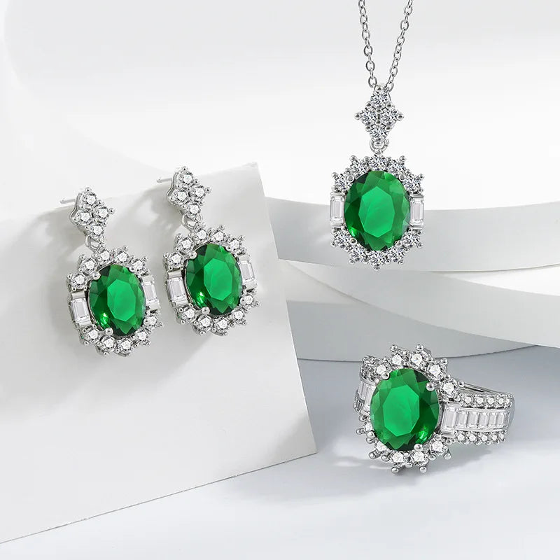 925 Sterling Silver Elegant Jewelry Sets Ring Earrings Necklace For Women Rectangle Geometry Zircon Wedding Accessories