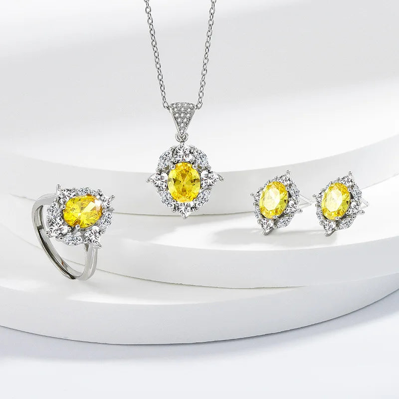 925 Sterling Silver Elegant Jewelry Sets Ring Earrings Necklace For Women Rectangle Geometry Zircon Wedding Accessories