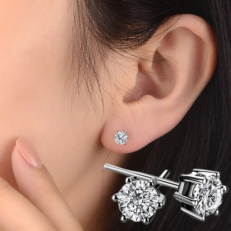 925 Sterling Silver Female Luxury Crystal Round Stud Earrings Vintage Wedding Jewelry White Zircon Stone Earrings For Women