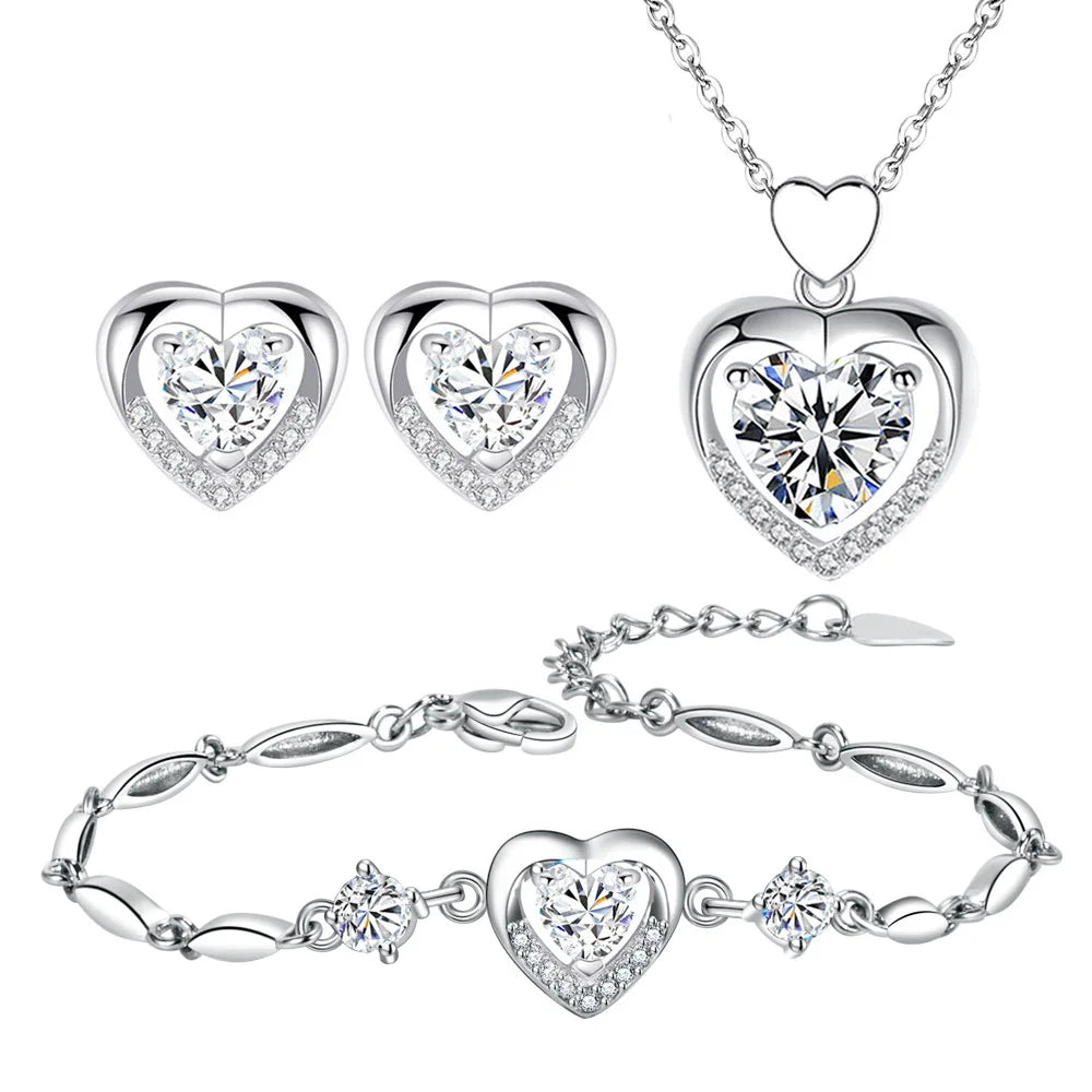 925 Sterling Silver Jewelry Sets For Women Heart Zircon Ring Earrings Necklace Wedding Bridal Elegant Christmas
