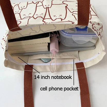 Cute Cat Shopper Handbags Shoulder Fashion Canvas Casual Shopping Girls Women Graphic Tote BagJapanese Cartoon Small Shoulder