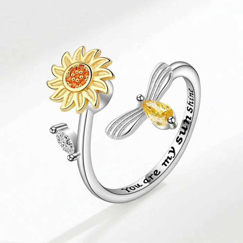 Shining Crystal Sunflower And Bee Fidget Spinner Rings For Women Anti Anxiety Control Anti Stress Rotating Ring Girls Gift