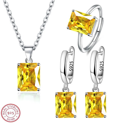 Flower Jewelry Set 925 Sterling Silver Color Pendant Necklace Stud Earrings Finger Ring for Women Birthday Christmas Gift