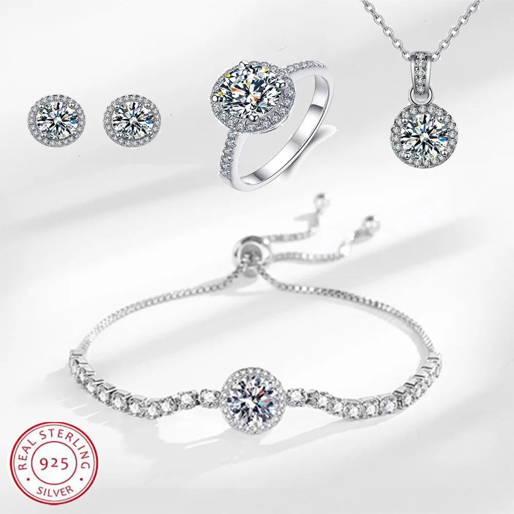 925 Sterling Silver Color Jewelry Gift Sets for Women Female Romantic Heart Zircon Huggie Earrings Pendant Necklace Ring