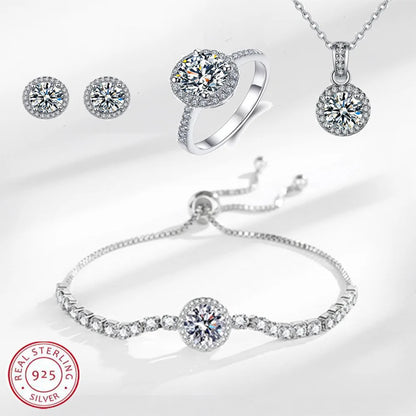 925 Sterling Silver Color Jewelry Gift Sets for Women Female Romantic Heart Zircon Huggie Earrings Pendant Necklace Ring