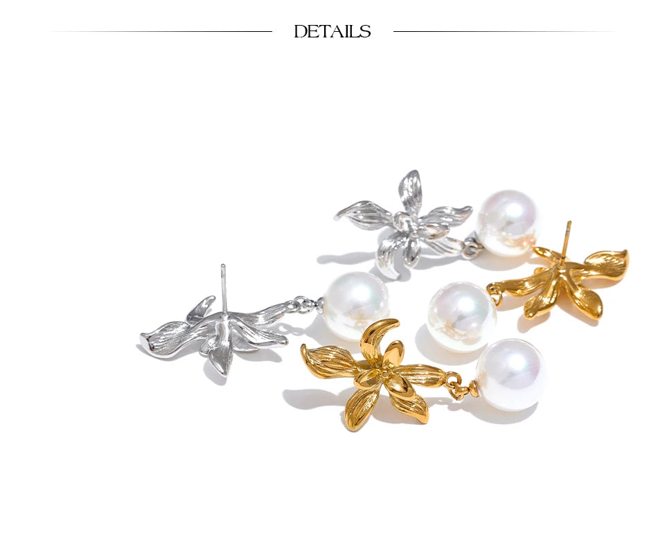 Elysium Waterproof Flower Imitation Pearls Drop Earrings for Women New Stainless Steel Korean Elegant Fashion Jewelry Accessories