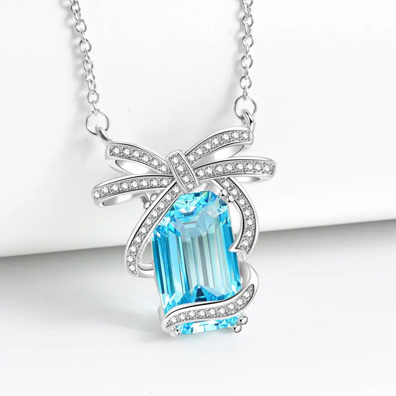 925 Sterling Silver Big Color Stone Pendant Chain Light Crystal Necklace for Women Excellent Jewelry Collarbone Chain 7355