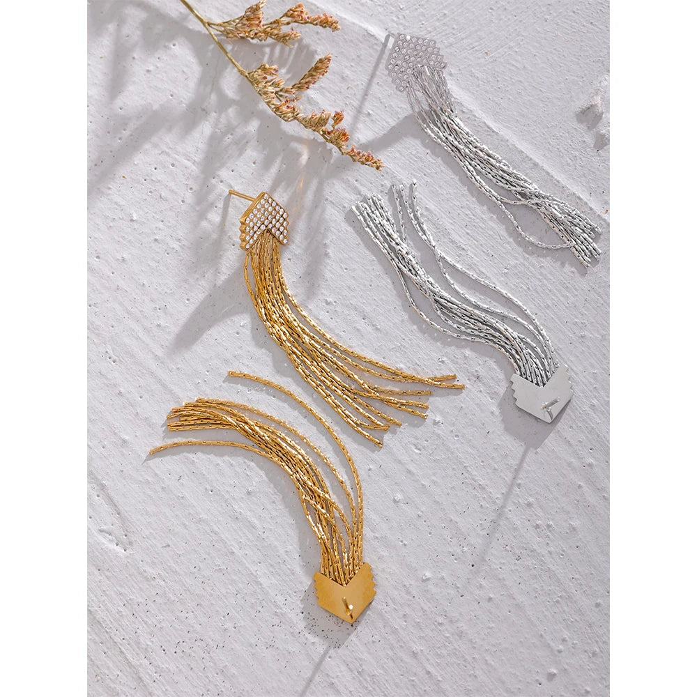 Elysium Fashion Arrow Cubic Zirconia Stainless Steel Long Tassel Drop Dangle Earrings for Women Gold Color Party Trendy Jewelry
