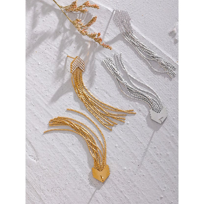 Elysium Fashion Arrow Cubic Zirconia Stainless Steel Long Tassel Drop Dangle Earrings for Women Gold Color Party Trendy Jewelry
