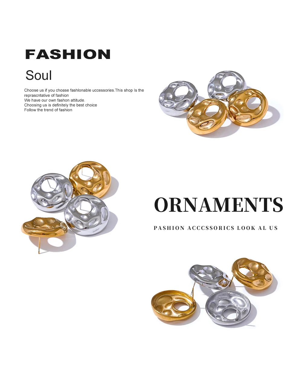 Elysium  New Hammer Stainless Steel Metal Round Hollow Stud Earrings for Women Individualistic Versatile Jewelry Waterproof Gift