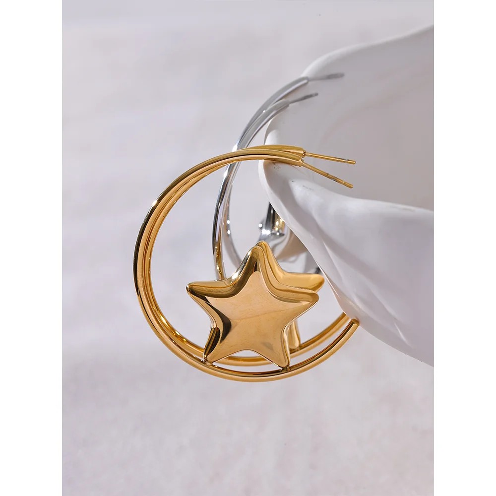 Elysium Trendy Stainless Steel Round Sleek Star Huggie Earrings for Women Prevent Allergy Metal Temperament Fashion Jewelry Gift