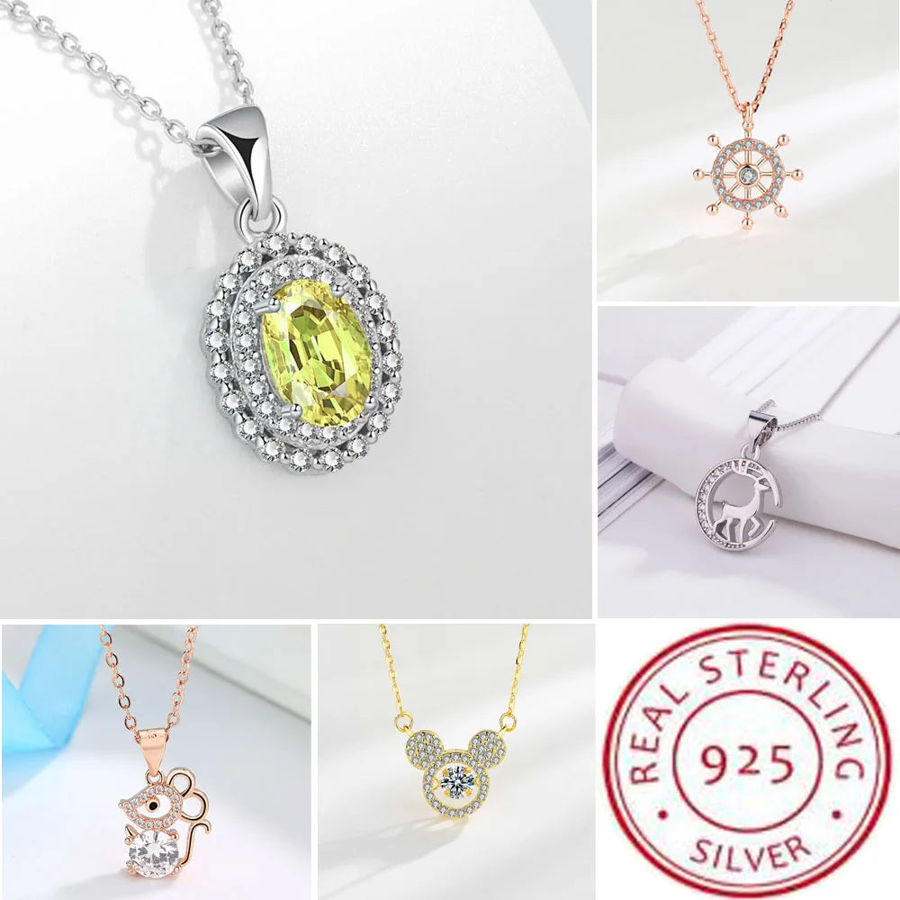 925 Sterling Silver Big Color Stone Pendant Chain Light Crystal Necklace for Women Excellent Jewelry Collarbone Chain 7355
