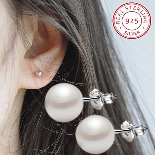 925 Sterling Silver 6mm/8mm/10mm/12mm Freshwater Cultured Pearl Button Ball Stud Earrings For Women As Best Gifts Jewerly