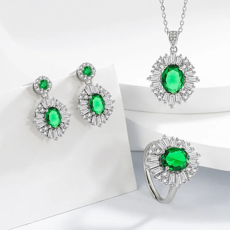 925 Sterling Silver Elegant Jewelry Sets Ring Earrings Necklace For Women Rectangle Geometry Zircon Wedding Accessories