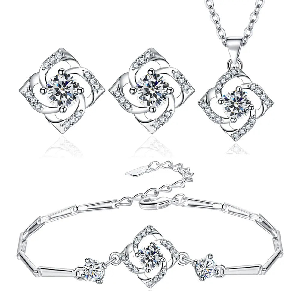 925 Sterling Silver Jewelry Sets For Women Heart Zircon Ring Earrings Necklace Wedding Bridal Elegant Christmas