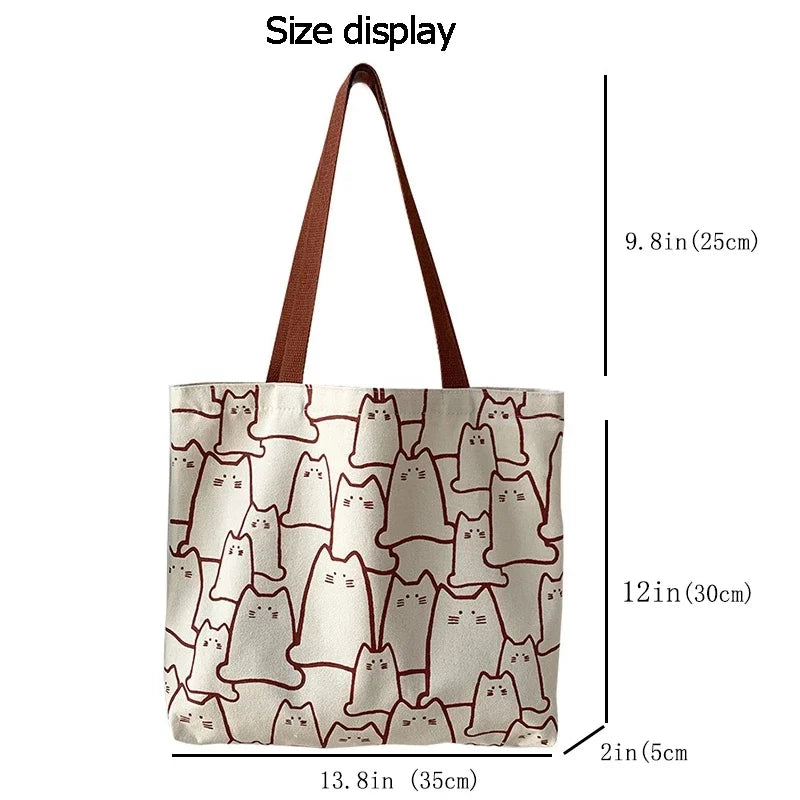 Cute Cat Shopper Handbags Shoulder Fashion Canvas Casual Shopping Girls Women Graphic Tote BagJapanese Cartoon Small Shoulder